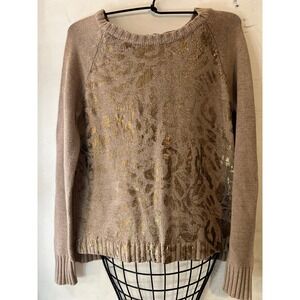 ANA A NEW APPROACH Brown Gold Floral Print Zipper Back Sweater Medium